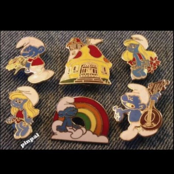 Smurf Brooch Set of 6 Pins ~ by Peyo ~ Smurfette ~ Vintage 1980 ~ Cloisonné